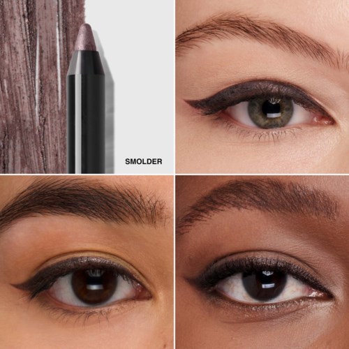 Four close-up views: eyes with different makeup styles and a black eyeliner pencil on a wooden background.
