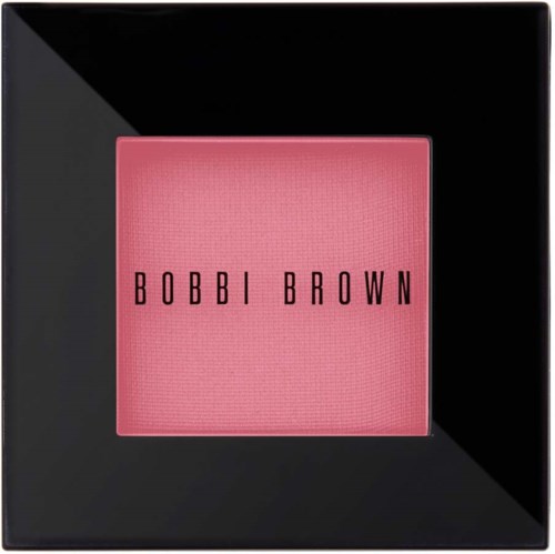 A pink blush inside a black square compact case with 'Bobbi Brown' written on it.