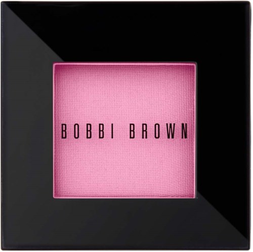 A pink blush inside a black square makeup compact with 'BOBBI BROWN' written on it.