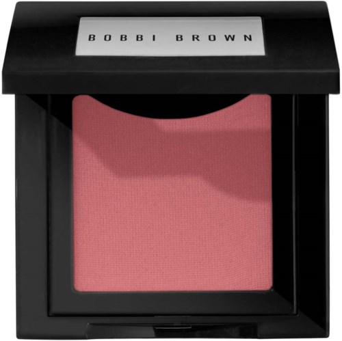A square Bobbi Brown makeup blush in pink inside a black compact case.