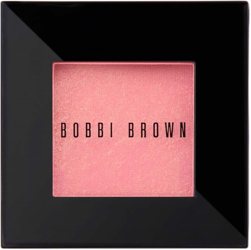 A pink blush in a black compact with the brand name Bobbi Brown on it.