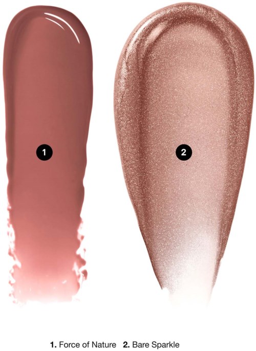 Brush strokes of pink and shimmery champagne makeup, labeled 1 and 2, showcasing lipstick and highlighter.