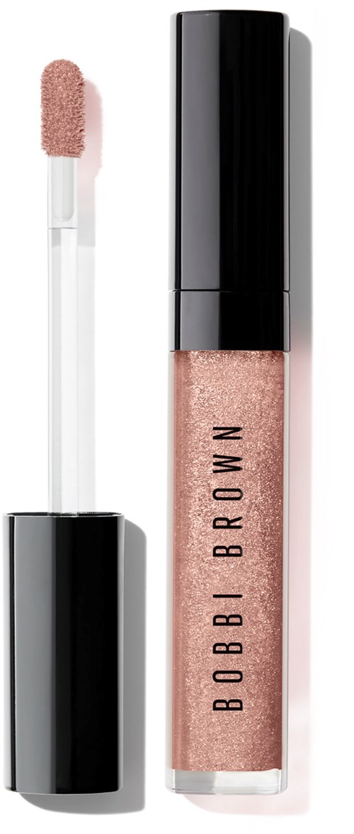 Shimmery pink lip gloss with a black cap and applicator wand.