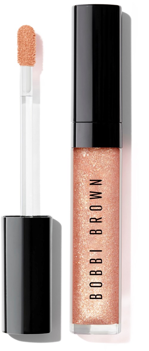 A lip gloss tube with a black cap and an applicator, filled with shimmery peach-colored gloss.