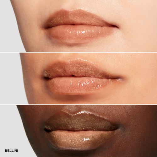Three lips in different skin tones, showing various shades of lipstick or gloss.