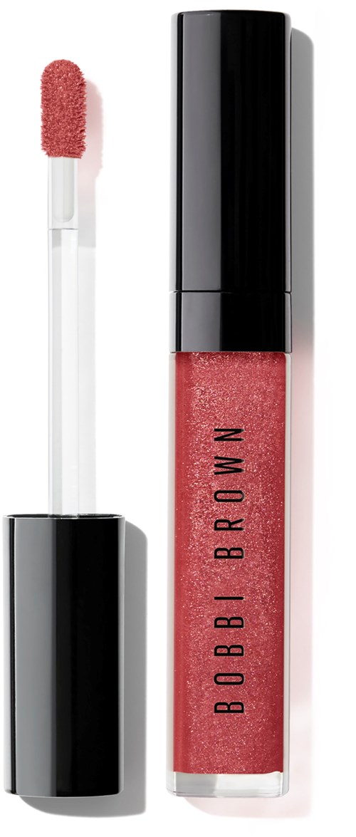 A liquid lip gloss with a black cap, clear body showing peachy-pink color, and an applicator with pink sponge.