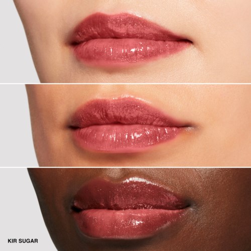 Three images show lips with different shades and skin tones, all glossy and close-up. Top: light skin, nude shade. Middle: light skin, darker pink. Bottom: dark skin, shiny lips.