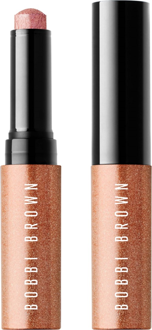 A tube of lip gloss with a shiny black cap, showing peach-colored gloss inside.