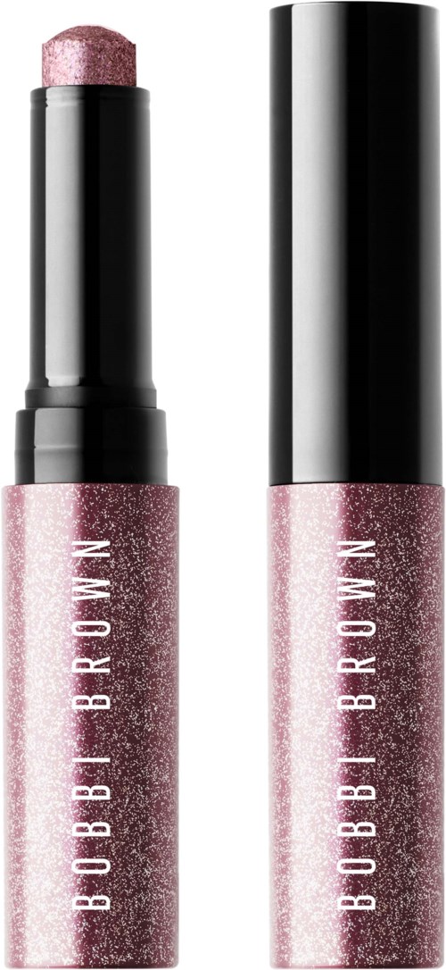 Two lip gloss tubes, one with a pink glittery product exposed, and the other closed with a black cap.