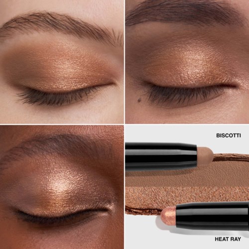 Close-up of eyes with gold eyeshadow and eyeliner, plus a makeup pen with a splash of product.