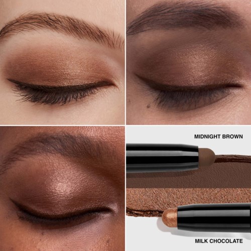 Close-up of eyes with brown eyeshadow, eyeliner, and shimmering highlight, showing different eye makeup styles. Also a makeup stick labeled 'MIDNIGHT BROWN' and 'MILK CHOCOLATE'.