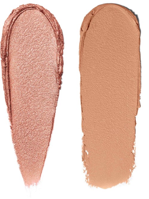 Två makeupprov, en glansig och texturerad, den andra matta och slät.