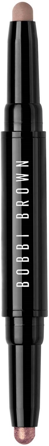 A double-ended makeup crayon with black body and white lettering, one end appears to be a highlighter or shimmer stick.