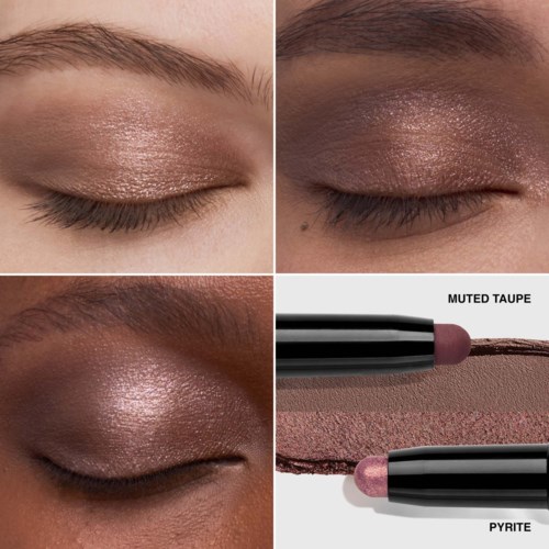 Eye makeup with shimmery shades, eyes closed, and a nude lip color. A soft, glowing, and natural look.
