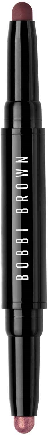 A dual-ended Bobbi Brown makeup pencil with pink and brown shades and black casing.