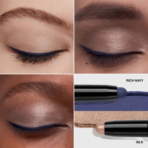Close-up of eyes with different eyeshadows, eyeliner, and swatches of two makeup products named Rich Navy and Silk.