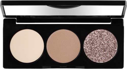 En sminke-palett med tre skygger: lys beige, brun og glitter rosa.