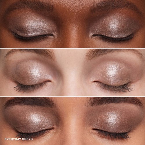 Bildet viser tre nærbilder av øyne med sølveøyenskygge og lukkede øyelokk.