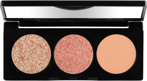En sminkpalett med tre olika nyanser: glitterguld, rosa glitter och matt beige.