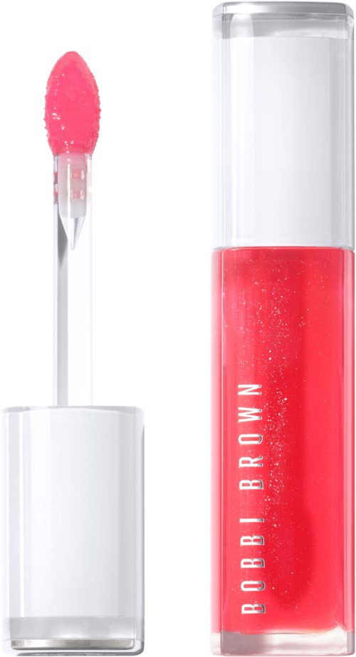 Leppeglansrør med rosa gloss og påføringsapplikator. Klar beholder med hvit tekst som sier 'BOBBI BROWN'.