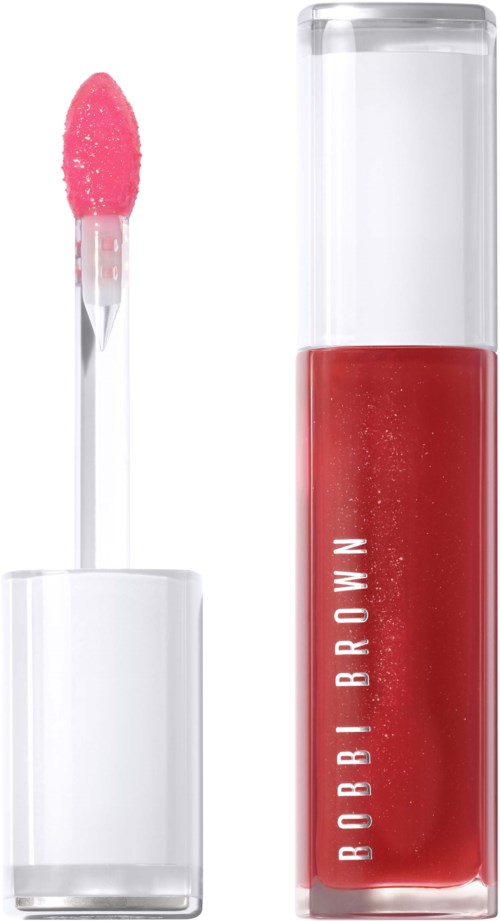 Leppeglossrør med en rosa applikator og rødt glans inni. Merket Bobbi Brown er skrevet på røret.