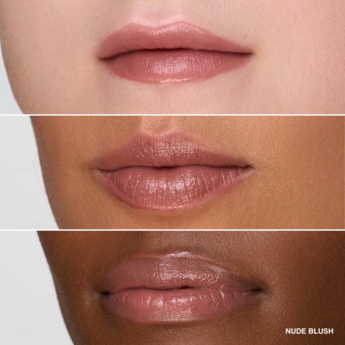 Three close-up images show lips with different shades of nude lipstick and gloss.