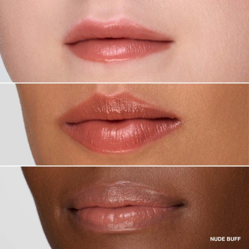 Three close-up photos of lips with different skin tones and lip gloss styles. The lips look shiny and well-kept.