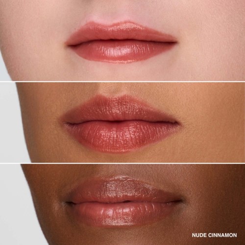 Three different lips with varying shades of gloss and lipstick, showing close-up details and different skin tones.