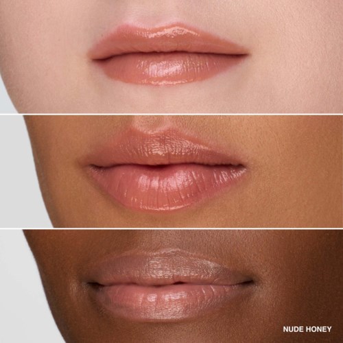 Three different lips with varying skin tones and lip gloss shine. Close-up of lips, showing natural beauty.