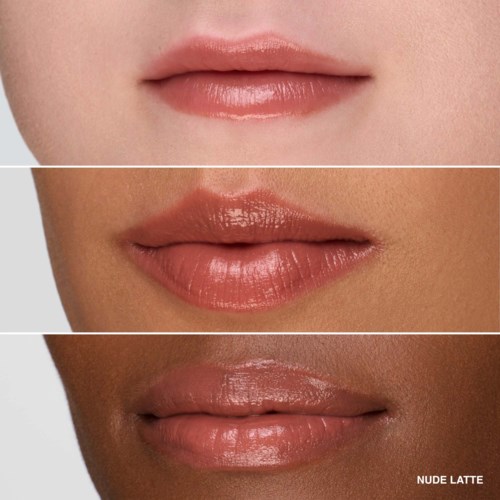 Three close-up images showing lips with different shades of lip gloss, from light pink to darker nude.