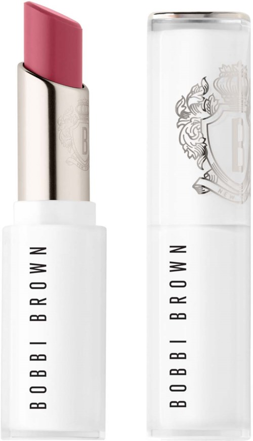 A Bobbi Brown lipstick tube with a pink lipstick and clear cap showing the brand name.