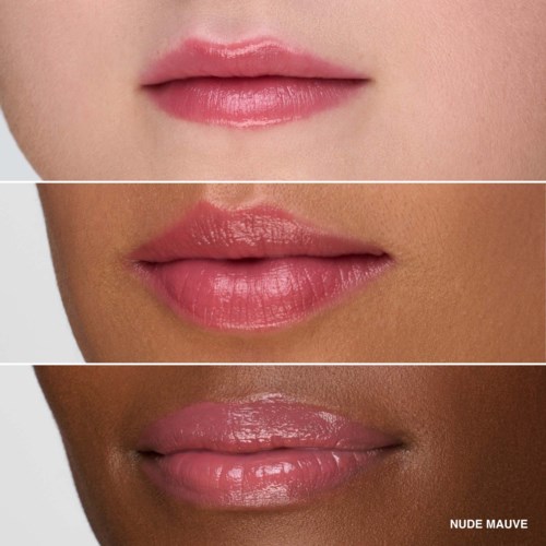 Three close-up images of lips with different shades of nude lipstick: light pink, darker mauve, and shiny gloss.