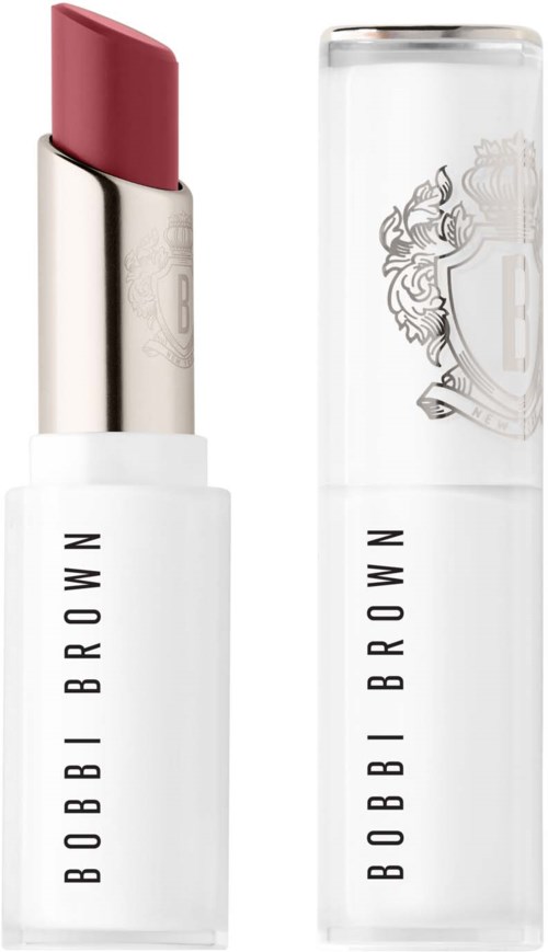 A white lipstick tube by Bobbi Brown with a pink lipstick inside and a transparent cap.