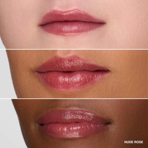 Three sets of lips in different skin tones, all with pink, shiny lipstick. Each shows different lip shapes and sizes.