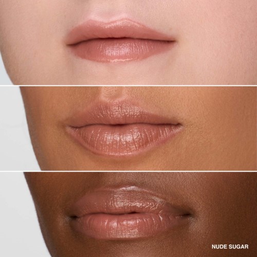 Three close-up images of lips showing different shades of nude lip gloss.