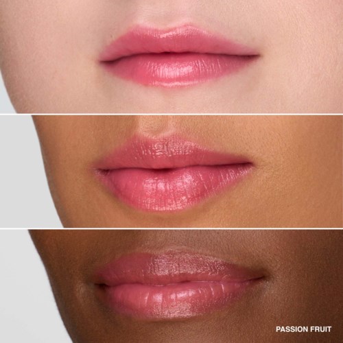Three different lips with varying skin tones and makeup styles shown in close-up.
