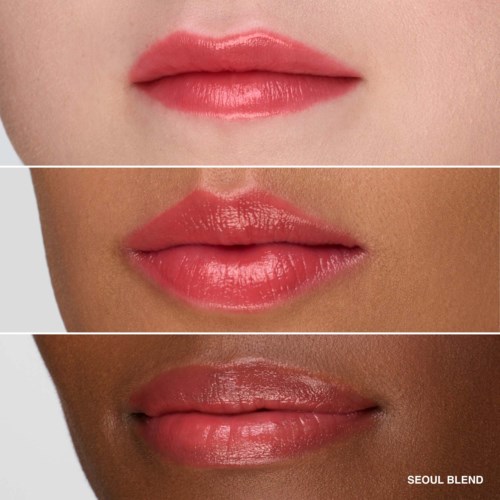Three different lips with shiny, pink, and natural looks, showing variation in skin tones and lip gloss textures.