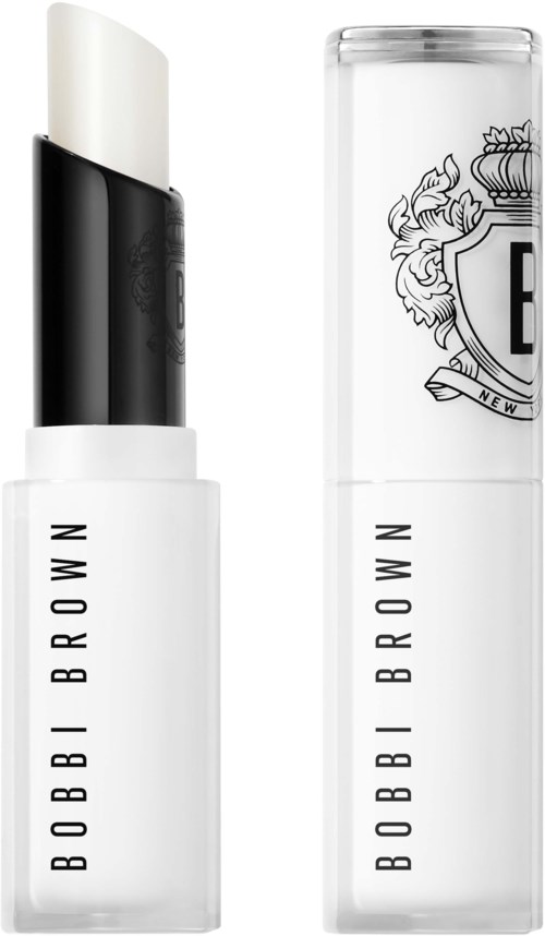 A white stick lip balm with black band and a clear container with a logo and text.