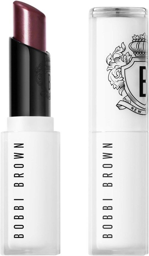 A lipstick with dark pink color and glossy finish, next to a white rectangular box with BOBBI BROWN branding.
