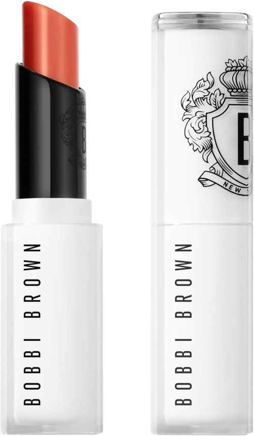 Lipstick with a black and white casing, and the brand name BOBBI BROWN on it, shown with its cap.
