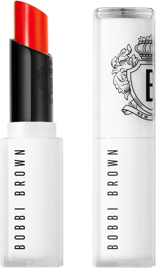 A lipstick with black and white tube, red tip, and a clear cap showing the BOBBI BROWN logo.