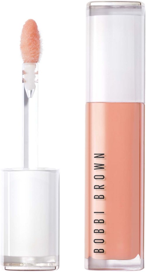 Huulikiiltoputki ja sovitin, jossa on vaaleanpunainen neste, merkiltään Bobbi Brown.