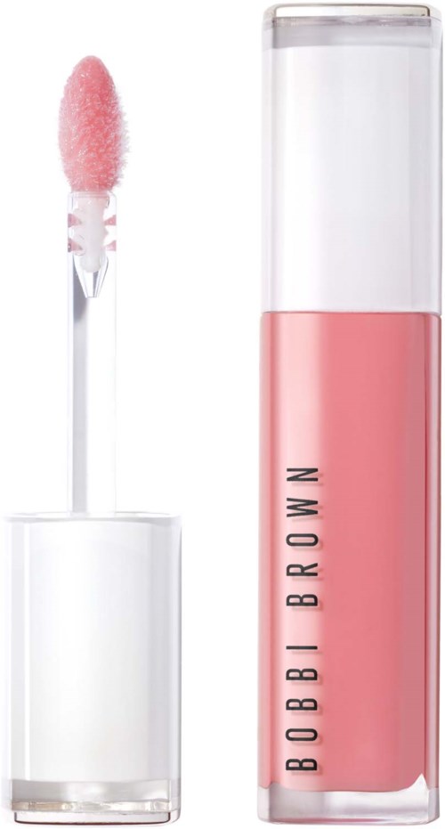 Ruusuraja huultenkiilto, jossa on levityssusi ja läpinäkyvä säilytysputki.