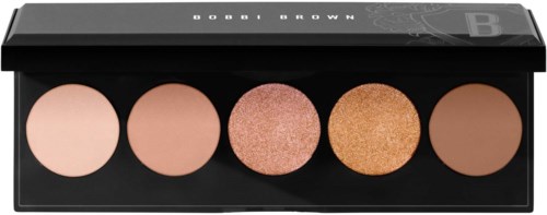 Bobbi Brown eyeshadow palette with five shades in a black case. Includes light, pink, glitter, gold, and brown colors.