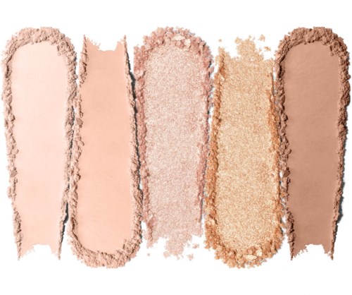 Swatches of five different beige and light brown makeup powders or foundations.