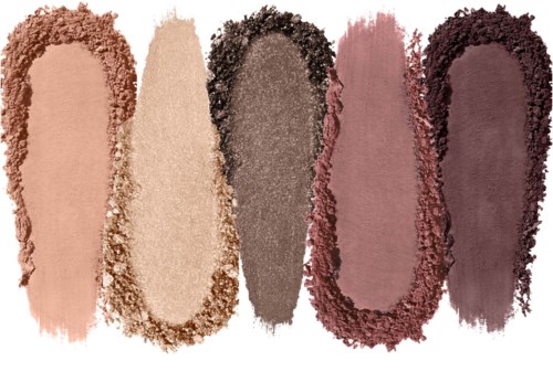 Five swatches of eyeshadow in nude, beige, brown, pink, and purple shades.