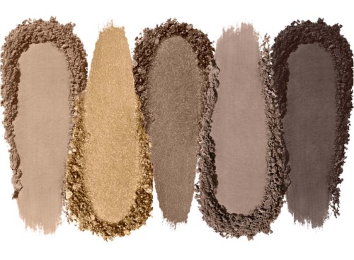 Five eyeshadow swatches in shades from beige to dark brown with a textured, powdered appearance.