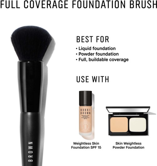 Teksti, joka kertoo harjan olevan hyvä nestemäiselle ja puuterimaiselle meikkivoiteelle, kevyen ihon ja puuterin kanssa.