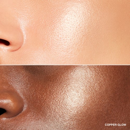 Two close-up images of skin, one light and smooth, the other darker and shiny with pores visible.
