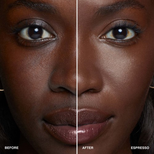 Split image showing the face before and after a skincare or cosmetic treatment, with clear smooth skin in the after shot.